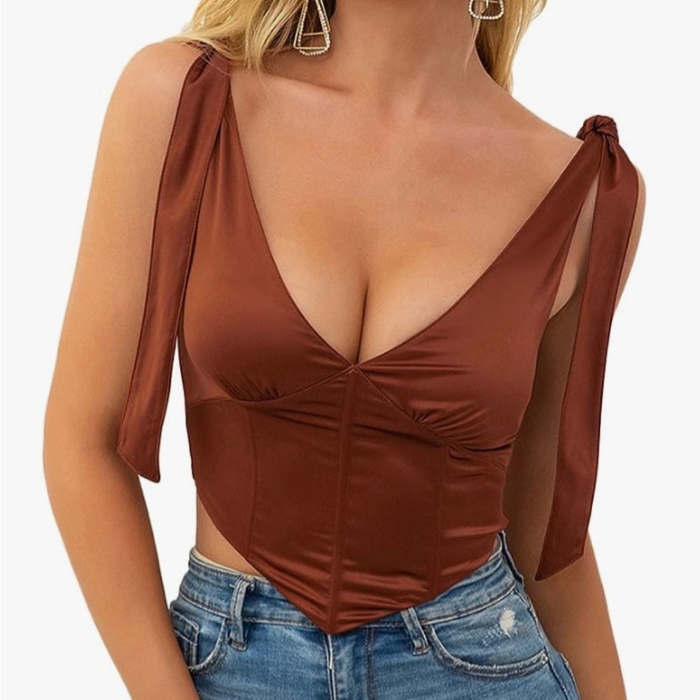 Women's Vintage Corset Crop Top V-neck Satin Boned Zip Back Bow Tie Bustier Top